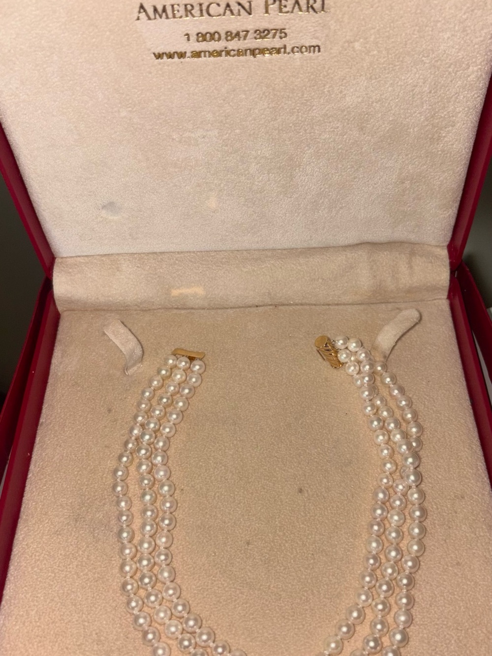 American Pearl Company Three-Strand White Pearl Necklace with Gold Clasp